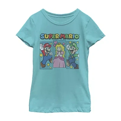 Fifth Sun Little & Big Kid Girls Crew Neck Short Sleeve Regular Fit Super Mario Graphic T-shirt In Blue