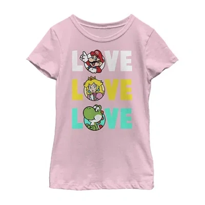 Fifth Sun Little & Big Kid Girls Crew Neck Short Sleeve Regular Fit Super Mario Graphic T-shirt In Purple