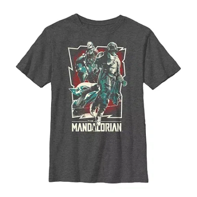 Fifth Sun Mandalorian Little & Big Kid Boys Crew Neck Short Sleeve Regular Fit Star Wars Graphic T-shirt In Gray