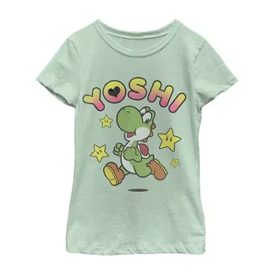 Fifth Sun Yoshi Little & Big Kid Girls Crew Neck Short Sleeve Regular Fit Super Mario Graphic T-shirt In Green