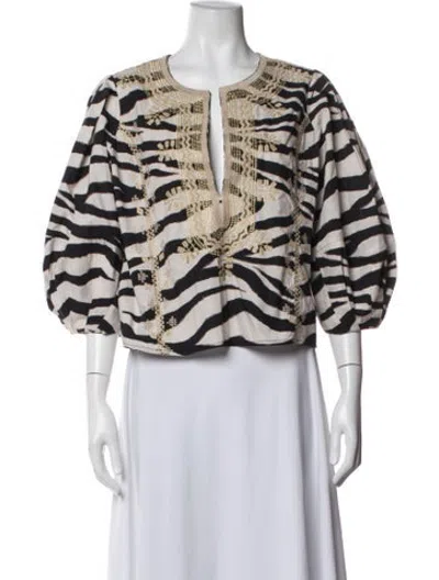 Pre-owned Figue Animal Print V-neck Top In White