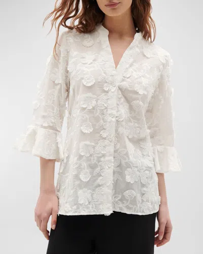 Figue Arielle Frayed Floral Bell-cuff Top In White
