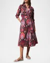 Figue Bassa Printed Long-sleeve Belted Midi Shirtdress In Fan Ikat True Navy