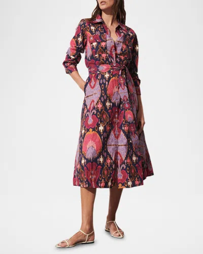 Figue Bassa Printed Long-sleeve Belted Midi Shirtdress In Fan Ikat True Navy