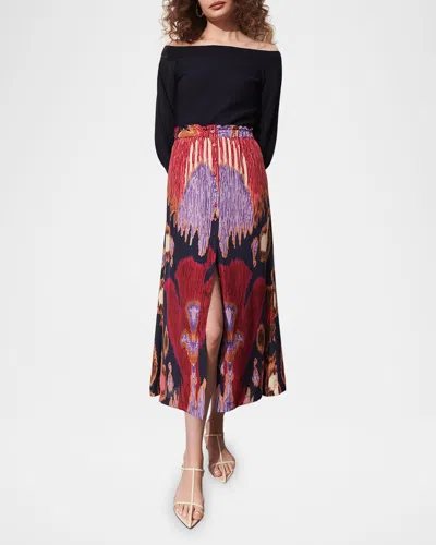 Figue Bastien Ikat-print Button-front Midi Skirt In Fan Ikat True Navy