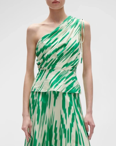 Figue Blythe Ikat-print One-shoulder Peplum Top In Ikat Jungle Green