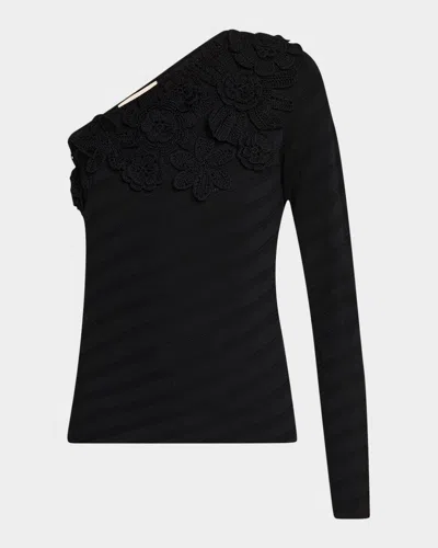 Figue Capucine Crochet Flower One-shoulder Sweater In Onyx Black