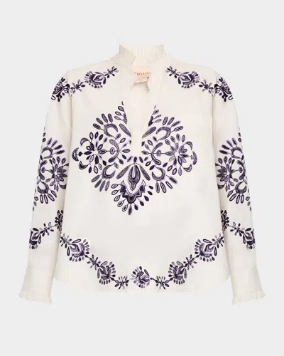 Figue Celestina Embroidered Ruffle Long-sleeve Top In Chalk