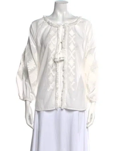 Pre-owned Figue Crew Neck Long Sleeve Blouse In White