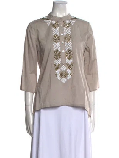 Pre-owned Figue Crew Neck Three-quarter Sleeve Blouse In Neutral