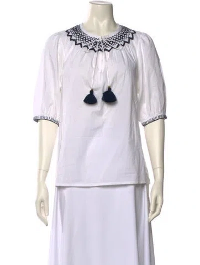 Pre-owned Figue Crew Neck Three-quarter Sleeve Blouse In White