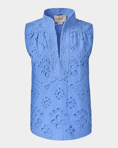 Figue Dani Eyelet Embroidered Sleeveless Top In Surf Blue