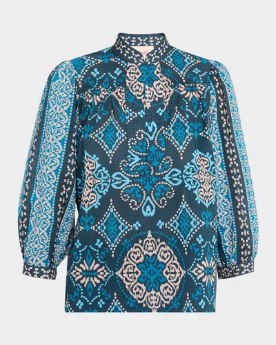 Figue Danilia Medallion-print Blouson-sleeve Top In Blue