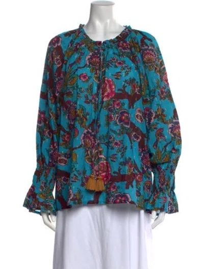 Pre-owned Figue Floral Print Crew Neck Blouse In Blue