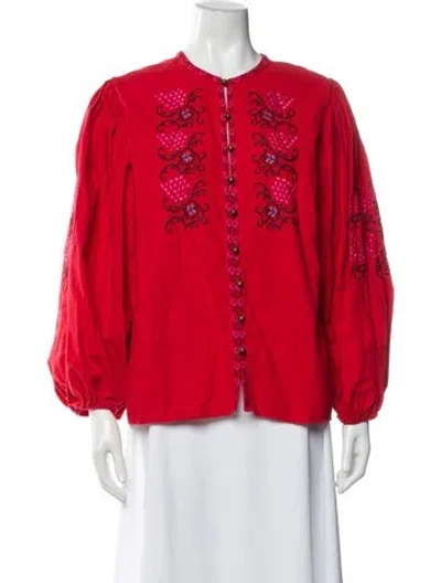 Pre-owned Figue Floral Print Crew Neck Blouse In Red