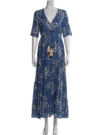 Pre-owned Figue Floral Print Long Dress In Blue