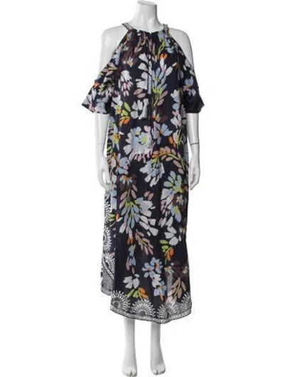 Pre-owned Figue Floral Print Long Dress In Blue