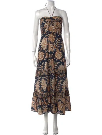 Pre-owned Figue Floral Print Long Dress In Blue