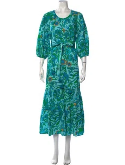 Pre-owned Figue Floral Print Long Dress In Blue