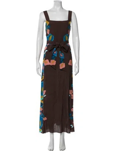 Pre-owned Figue Floral Print Long Dress In Brown