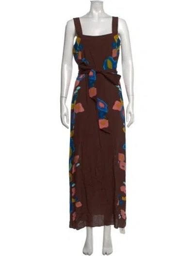 Pre-owned Figue Floral Print Long Dress In Brown