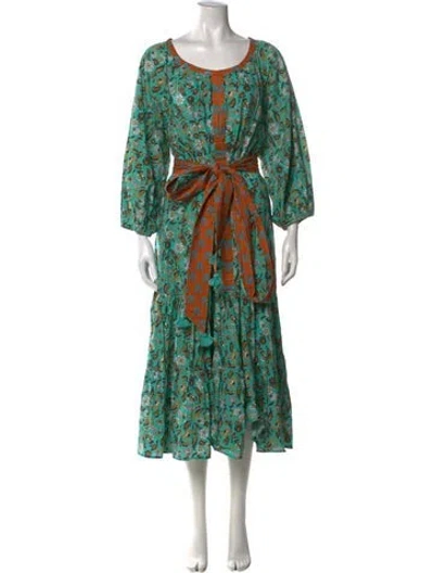 Pre-owned Figue Floral Print Long Dress In Green