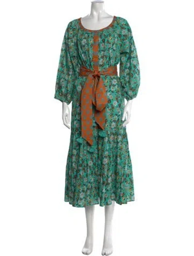 Pre-owned Figue Floral Print Long Dress In Green