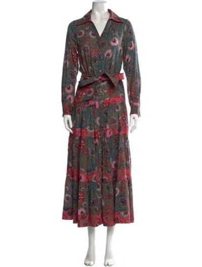 Pre-owned Figue Floral Print Long Dress In Green
