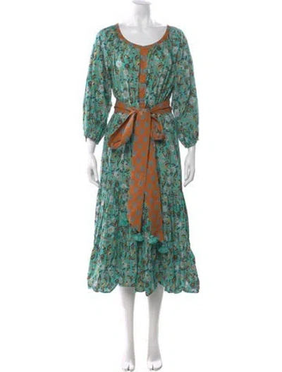Pre-owned Figue Floral Print Midi Length Dress In Green
