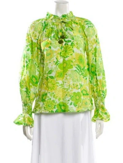 Pre-owned Figue Floral Print Mock Neck Blouse In Green