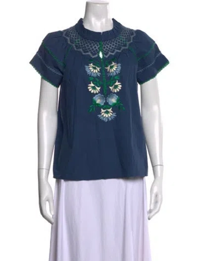 Pre-owned Figue Floral Print Mock Neck Top In Blue
