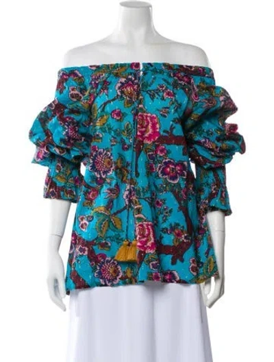 Pre-owned Figue Floral Print Off-the-shoulder Blouse In Blue