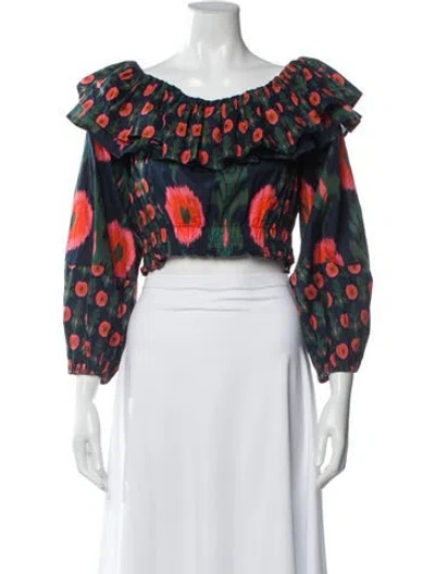 Pre-owned Figue Floral Print Off-the-shoulder Crop Top In White