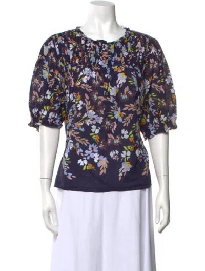 Pre-owned Figue Floral Print Scoop Neck Top In Blue