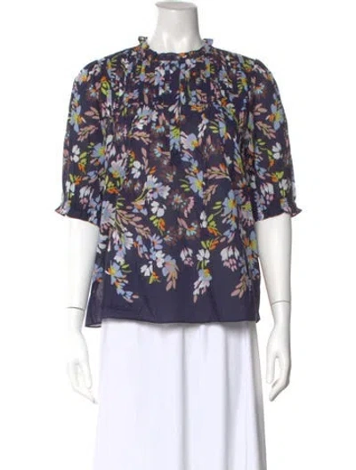 Pre-owned Figue Floral Print Short Sleeve Blouse In Blue