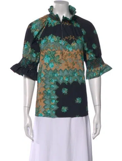 Pre-owned Figue Floral Print Short Sleeve Blouse In Green
