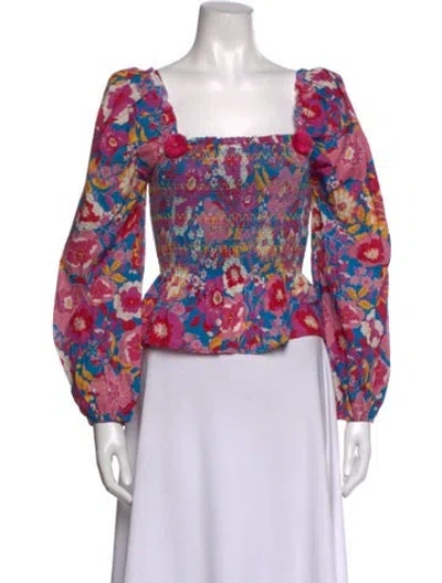 Pre-owned Figue Floral Print Square Neckline Top In Blue