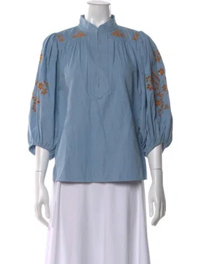 Pre-owned Figue Floral Print Three-quarter Sleeve Blouse In Blue