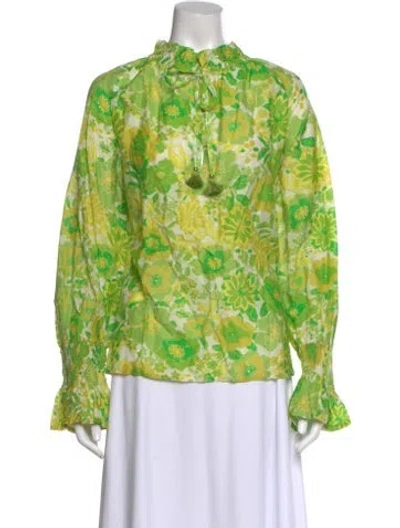 Pre-owned Figue Floral Print Tie Neck Blouse In Green