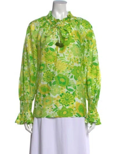 Pre-owned Figue Floral Print Tie Neck Blouse In Green
