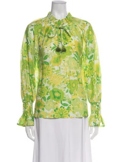 Pre-owned Figue Floral Print Tie Neck Blouse In Green