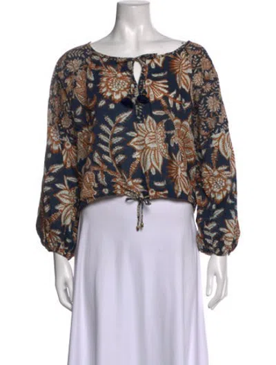 Pre-owned Figue Floral Print Tie Neck Top In Blue