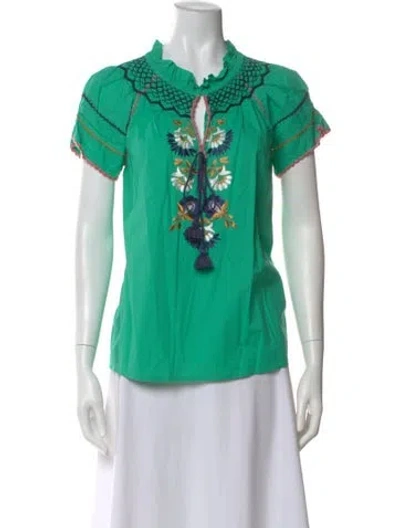 Pre-owned Figue Floral Print Tie Neck Top In Green
