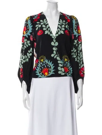 Pre-owned Figue Floral Print V-neck Blouse In Black