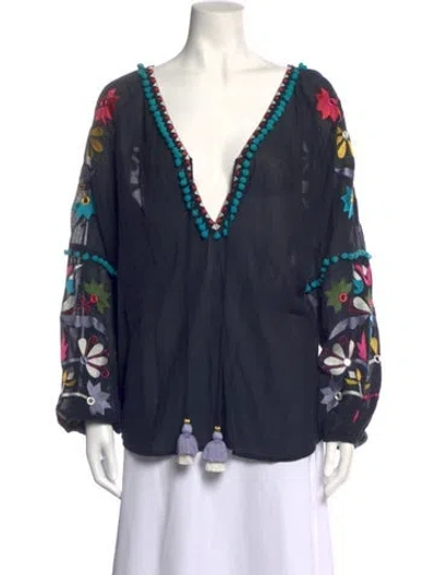 Pre-owned Figue Floral Print V-neck Blouse In Blue