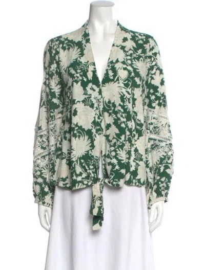 Pre-owned Figue Floral Print V-neck Blouse In Green