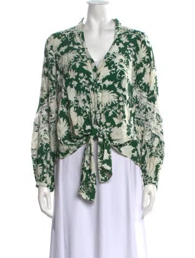 Pre-owned Figue Floral Print V-neck Blouse W/ Tags In Green