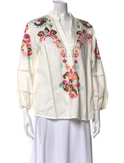 Pre-owned Figue Floral Print V-neck Blouse W/ Tags In White