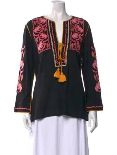 Pre-owned Figue Floral Print V-neck Top In Black