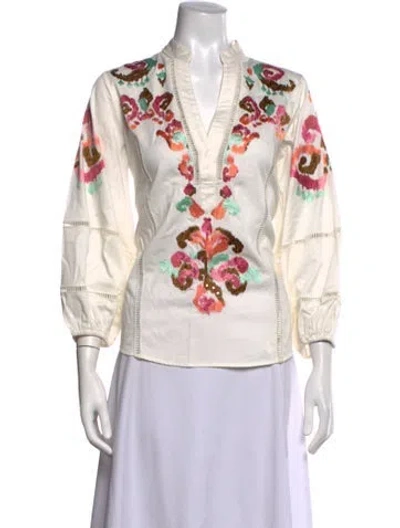 Pre-owned Figue Floral Print V-neck Top In Neutrals/white